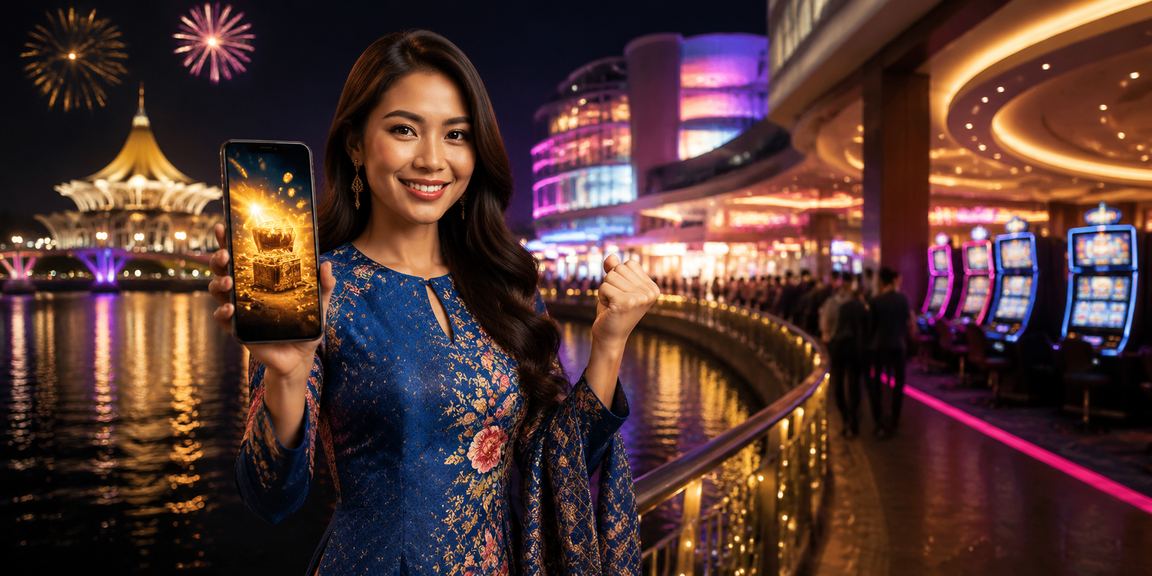 Pengguna ramly88 bermain kasino dalam talian melalui telefon pintar di Kuching dengan pakaian tradisional
